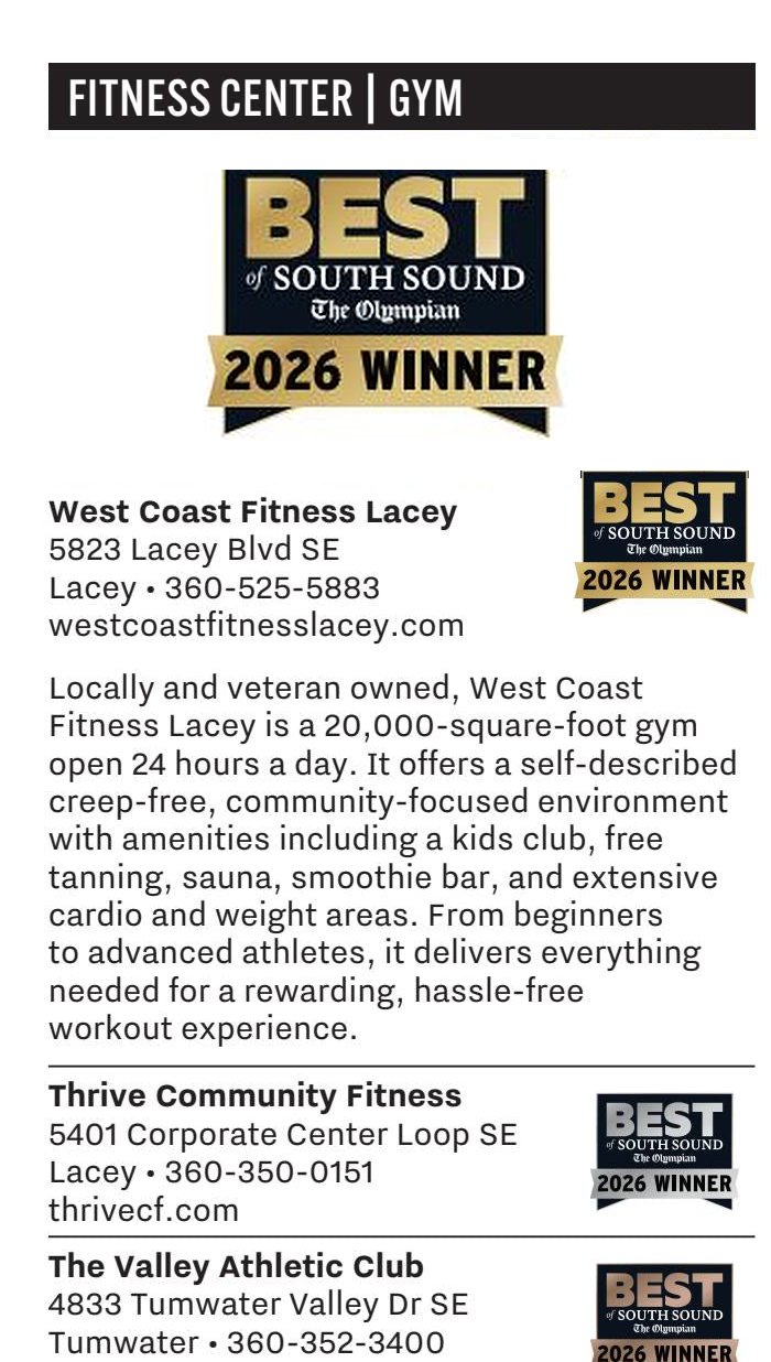 Best of South Sound 2026 — Fitness Center | Gym listing: Best of South Sound, The Olympian, 2026 Winner badge, West Coast Fitness Lacey